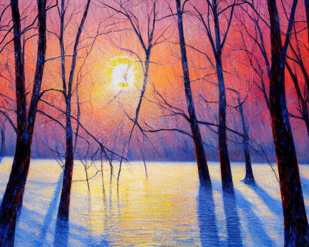 Sunset over snow-covered forest with orange and purple hues reflecting on frozen lake