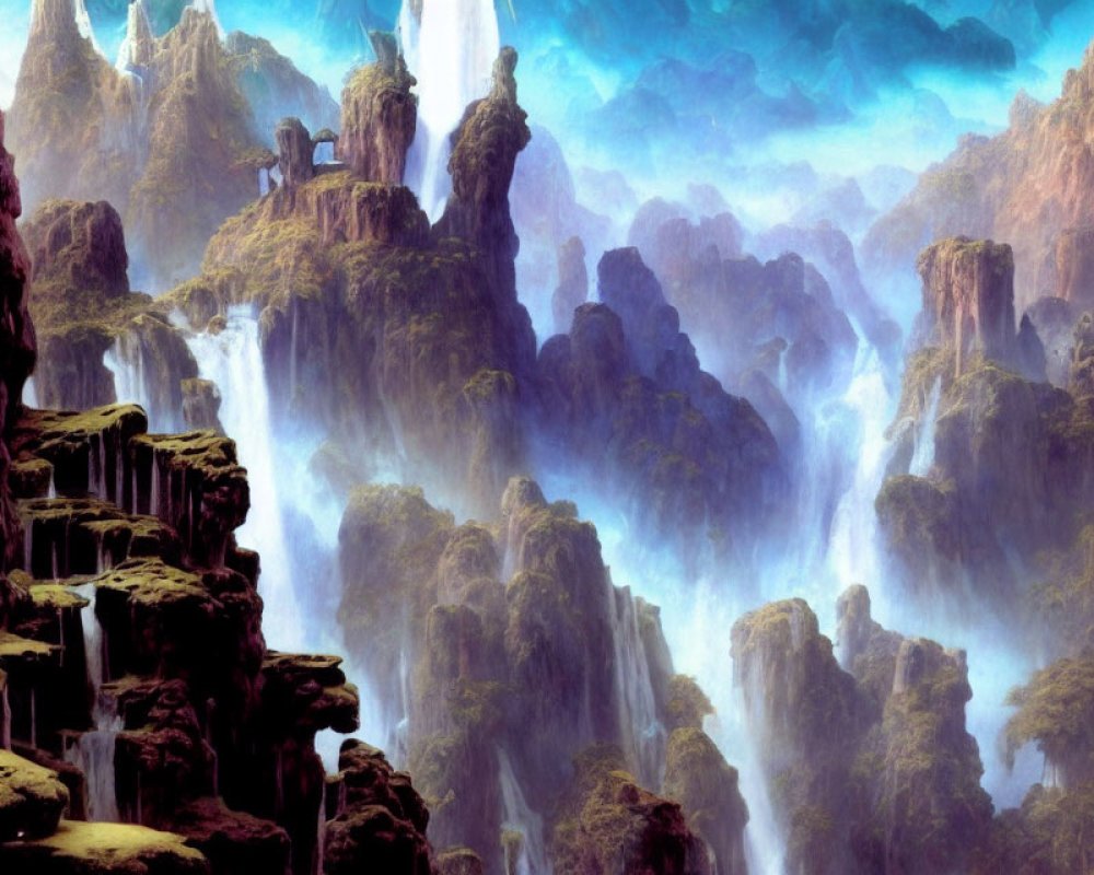 Mystical landscape with towering rock formations and waterfalls