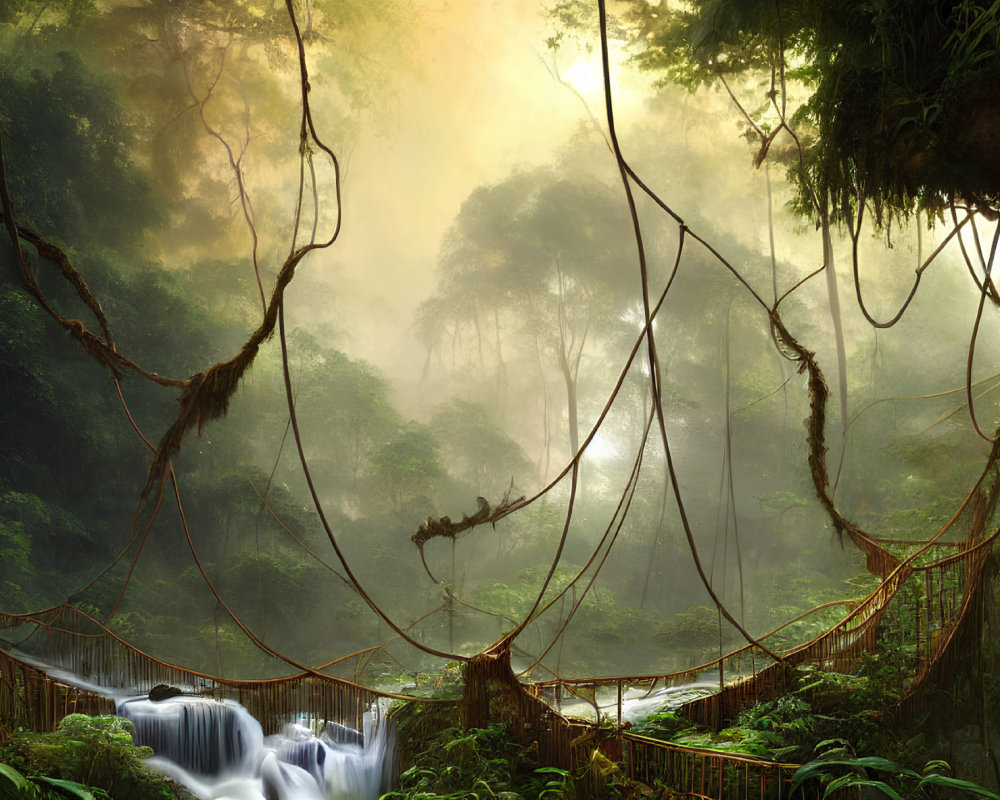 Serene forest scene with mist, sunlight, waterfall, and rope bridge