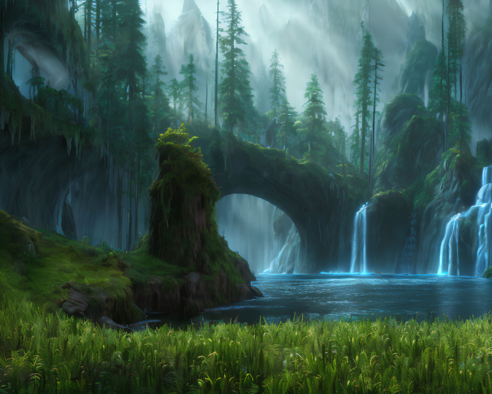 Enchanting forest landscape with waterfalls, natural bridge, and serene river