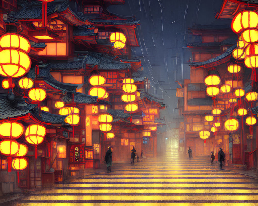 Traditional Asian district at dusk: Rain-soaked streets, red lanterns, pedestrians, and signage