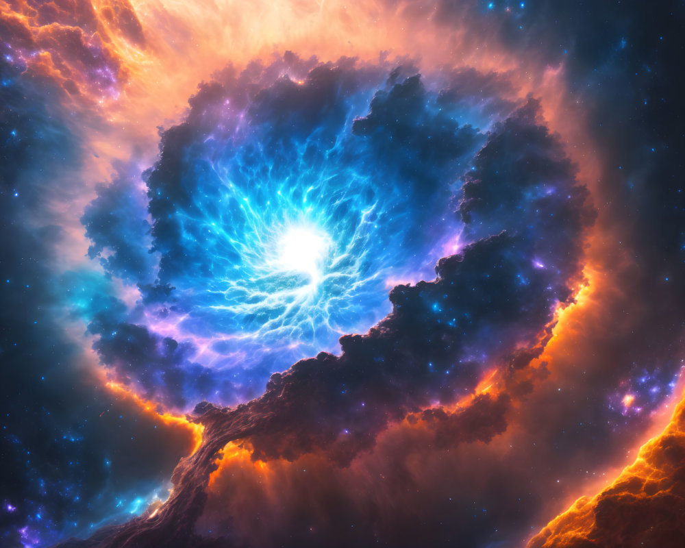 Colorful cosmic scene with glowing blue and white center and fiery orange and purple nebula clouds.