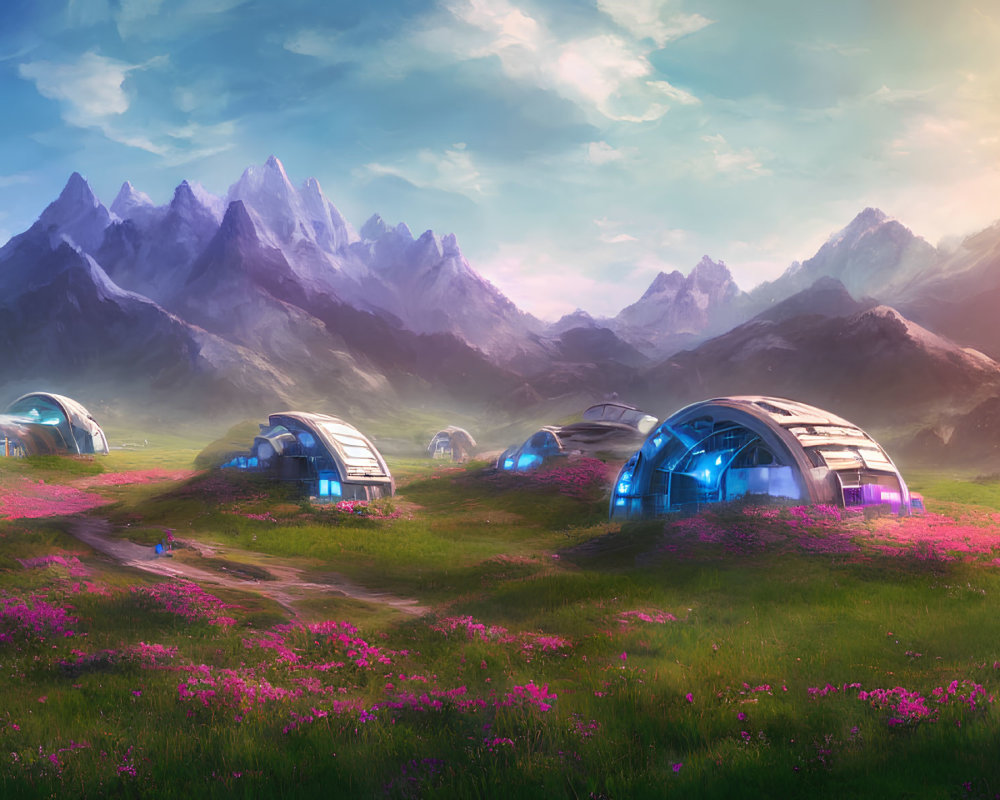 Futuristic colony with domed habitats in idyllic setting
