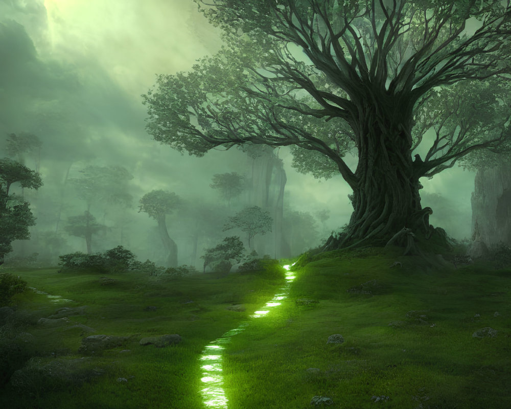 Mystical glowing path in ethereal forest with ancient trees