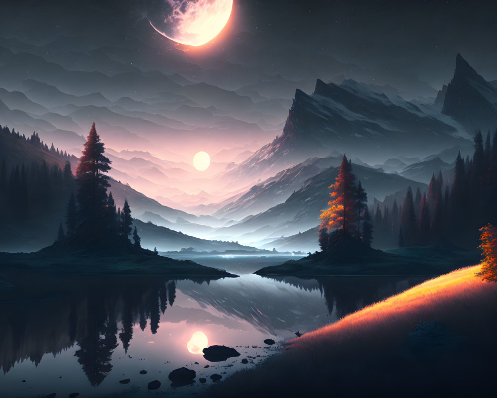 Serene night landscape: crescent moon, mountains, lake, autumn trees