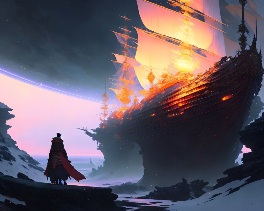 Cloaked Figure and Glowing Ship in Snowy Landscape
