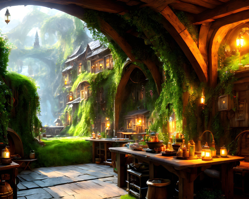 Fantasy tavern with green ivy, lantern light, wooden tables, and mystical village backdrop