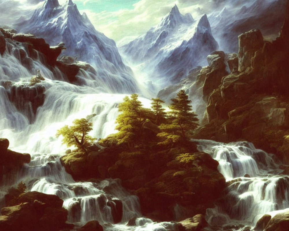 Scenic landscape with waterfalls, greenery, and snowy mountains