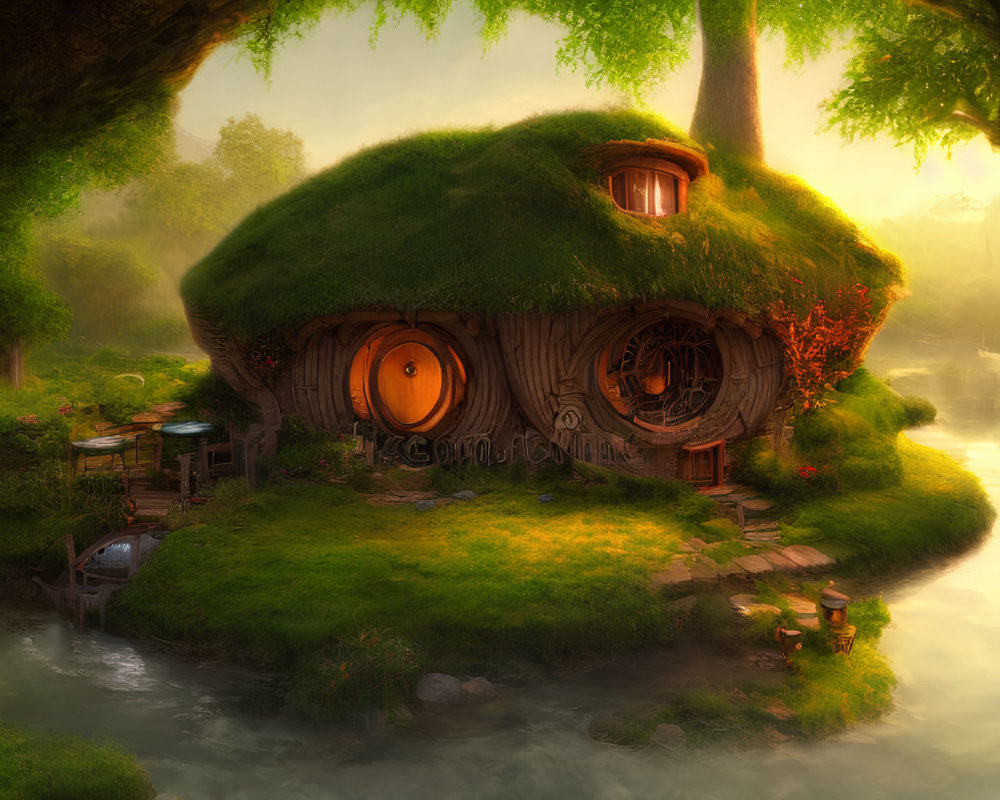 Fantasy hobbit-style house with green roof and round doors in woodland by stream at sunrise