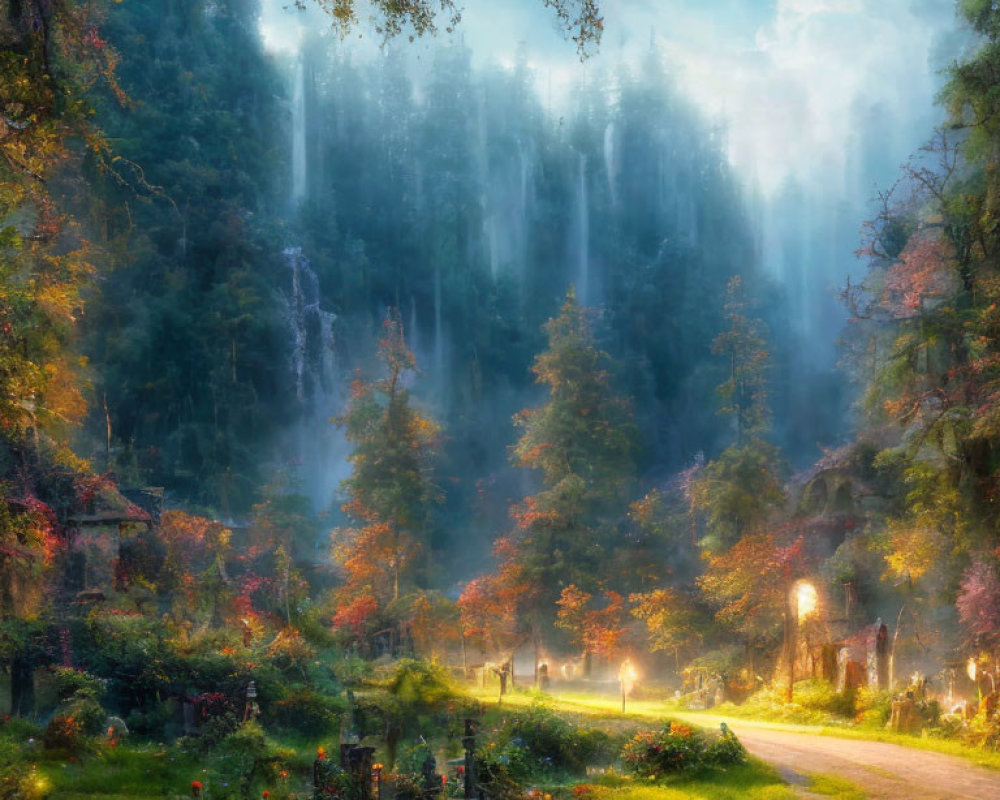 Enchanting forest path with street lamps, cozy houses, towering trees, and sunrays.