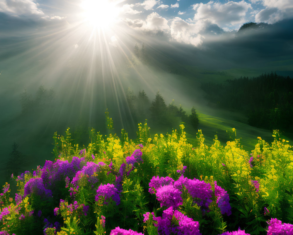 Sunbeams on vibrant wildflowers in lush meadow with forested hills