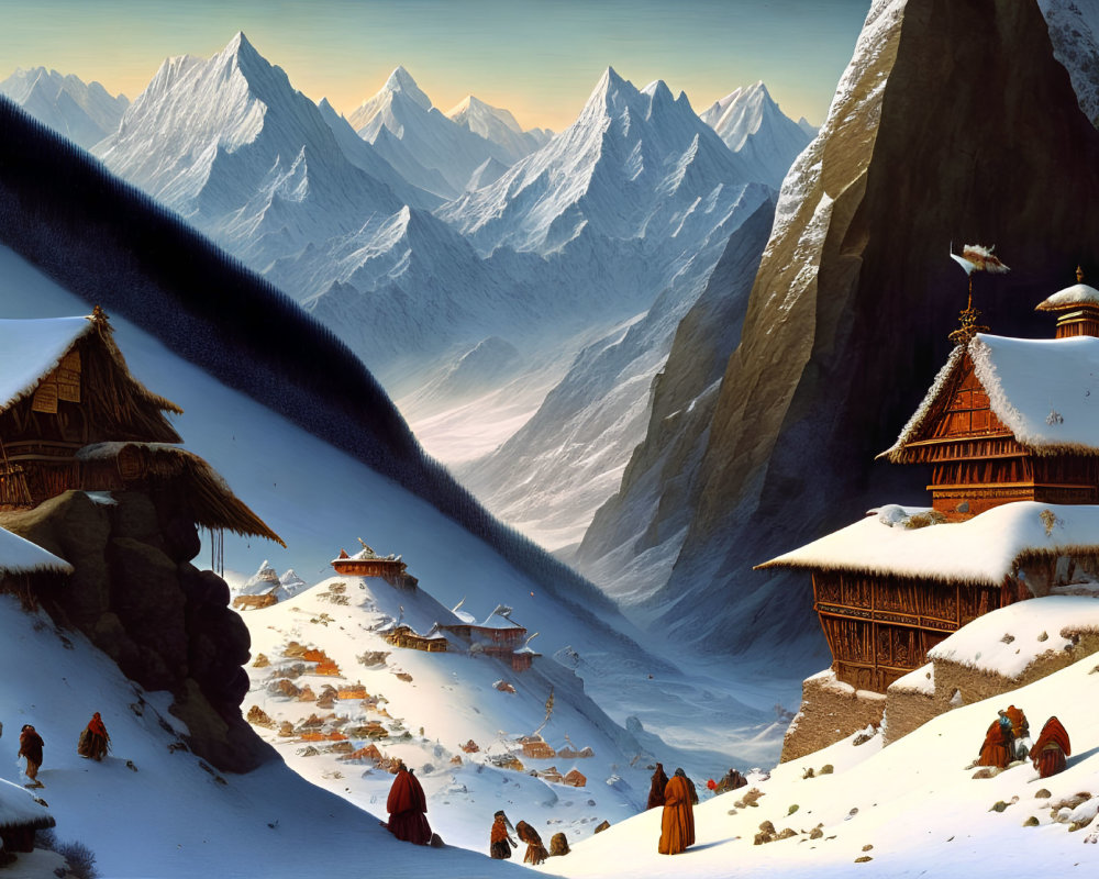 Snow-covered mountain village with wooden huts and colorful attire in frosty setting