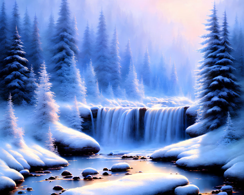 Snow-covered waterfall in serene winter landscape
