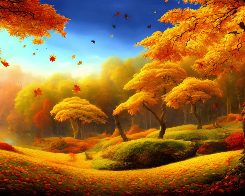 Scenic autumn landscape: golden-orange trees, fallen leaves, rolling hills.