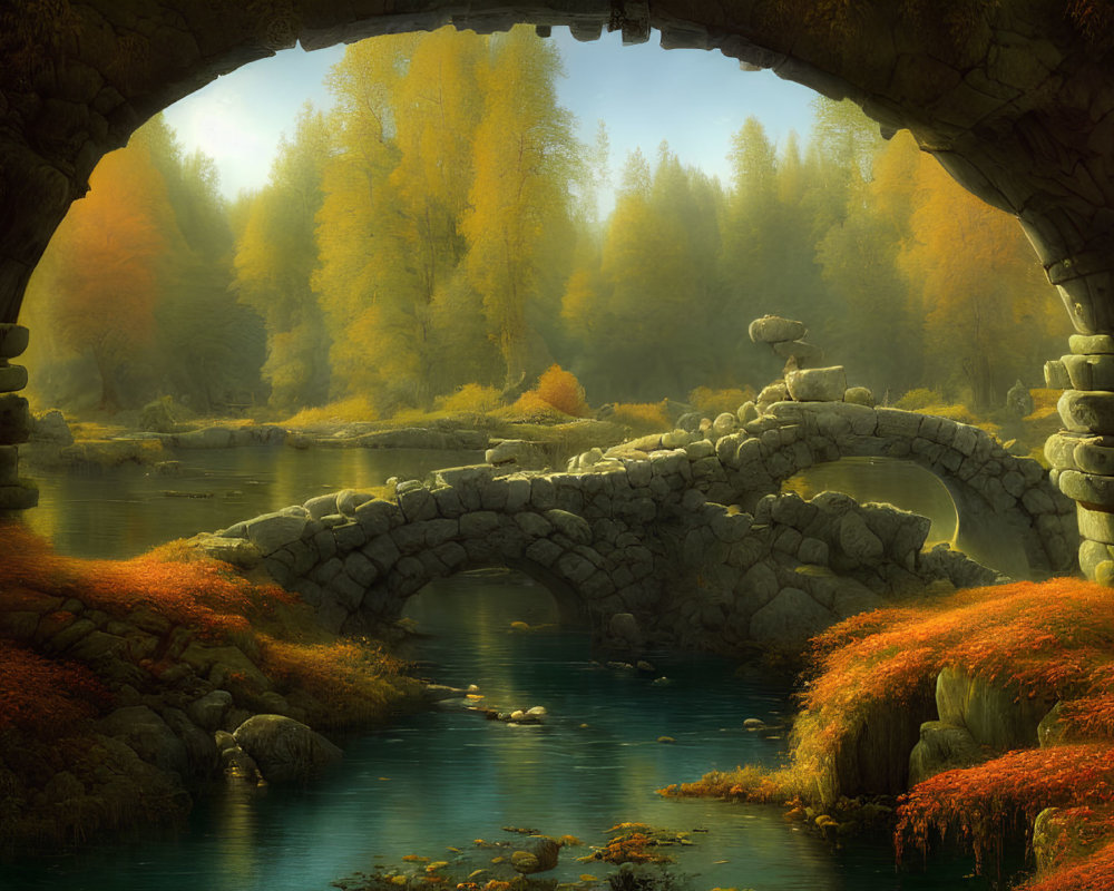 Ancient Stone Arch Bridge Over Serene River in Autumn Setting