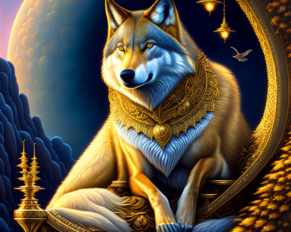 Majestic wolf with golden jewelry in mystical setting