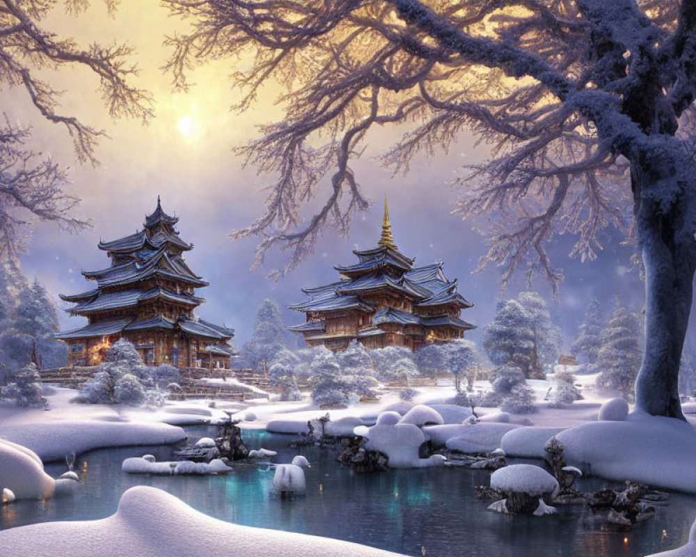 Traditional Japanese pagodas in snowy landscape with frozen pond