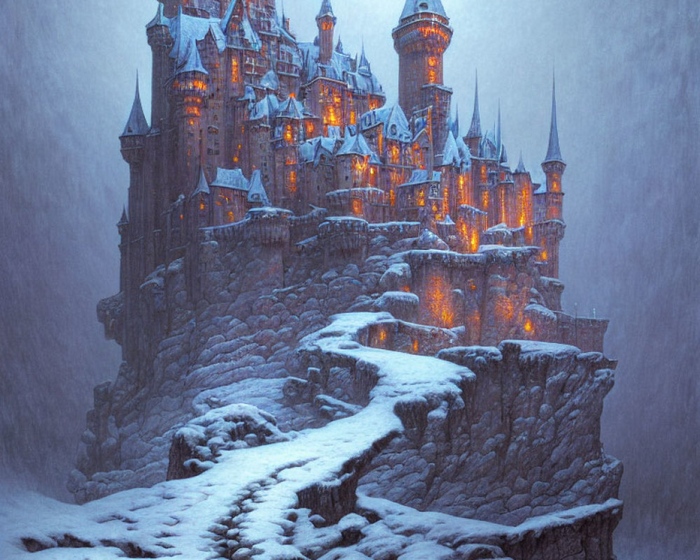 Snowy Cliff Castle Illuminated by Warm Lights