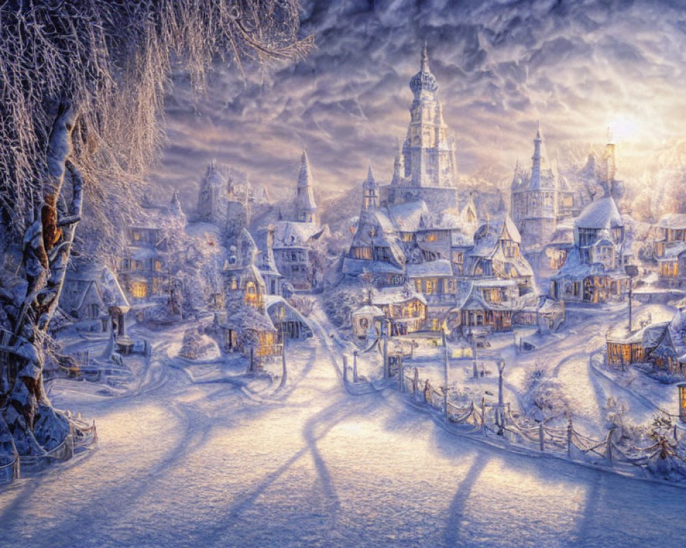 Snow-covered village at winter sunset with houses, church steeple, and bare trees