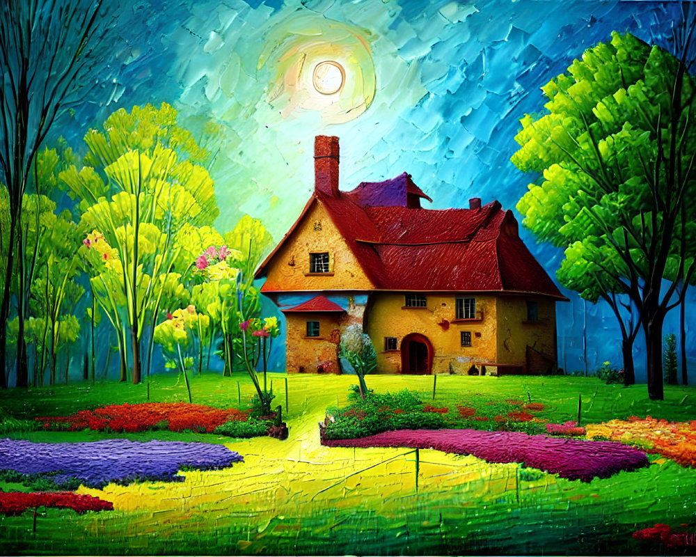 Colorful painting of quaint house in flower-filled landscape