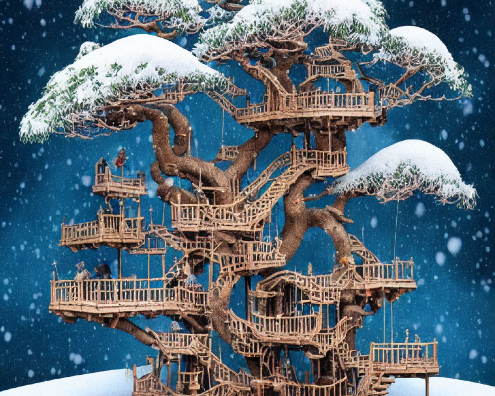 Detailed Wooden Treehouse in Snowy Landscape