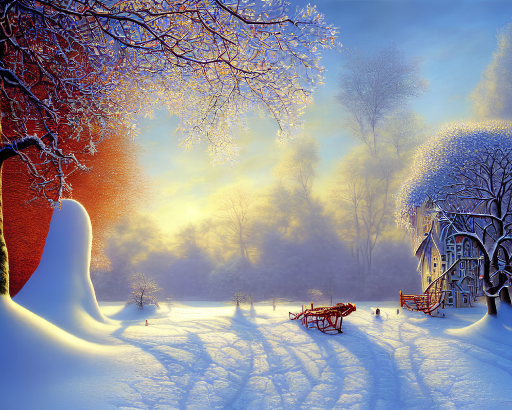 Snowy Winter Scene with Cottage, Trees, and Sleigh Ride