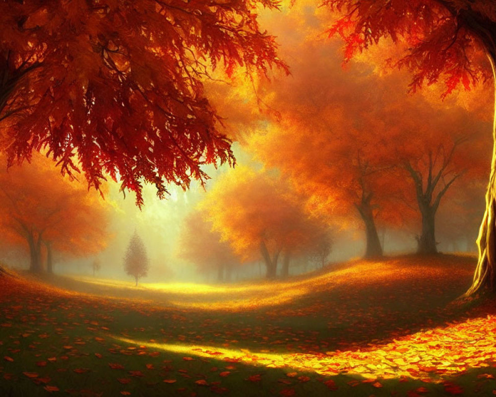 Golden-orange Autumn Forest Scene with Sunlight Filtering Through Trees