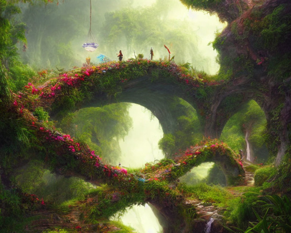 Enchanting forest scene with mossy arches, vibrant flowers, and a flowing stream