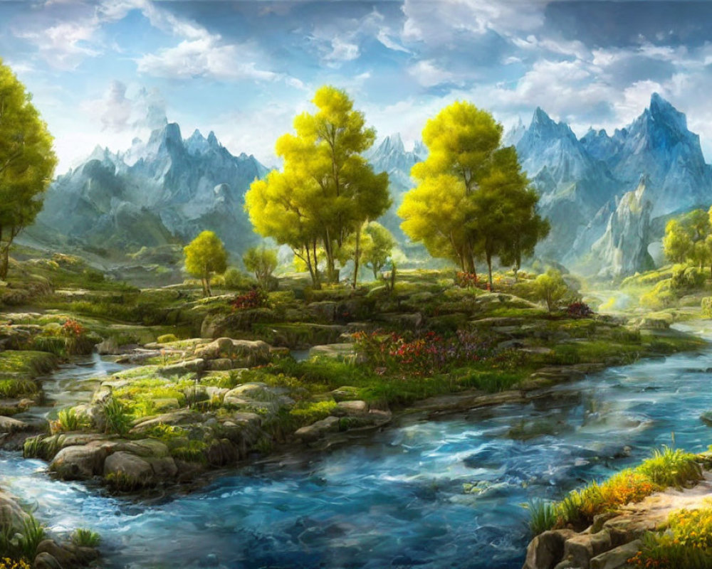 Tranquil landscape: river, greenery, flowers, mountains