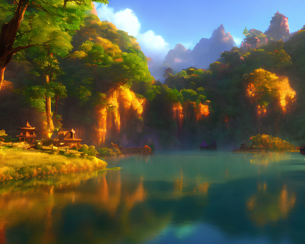 Tranquil Lakeside Scene with Waterfalls, Forest, and Traditional Structures