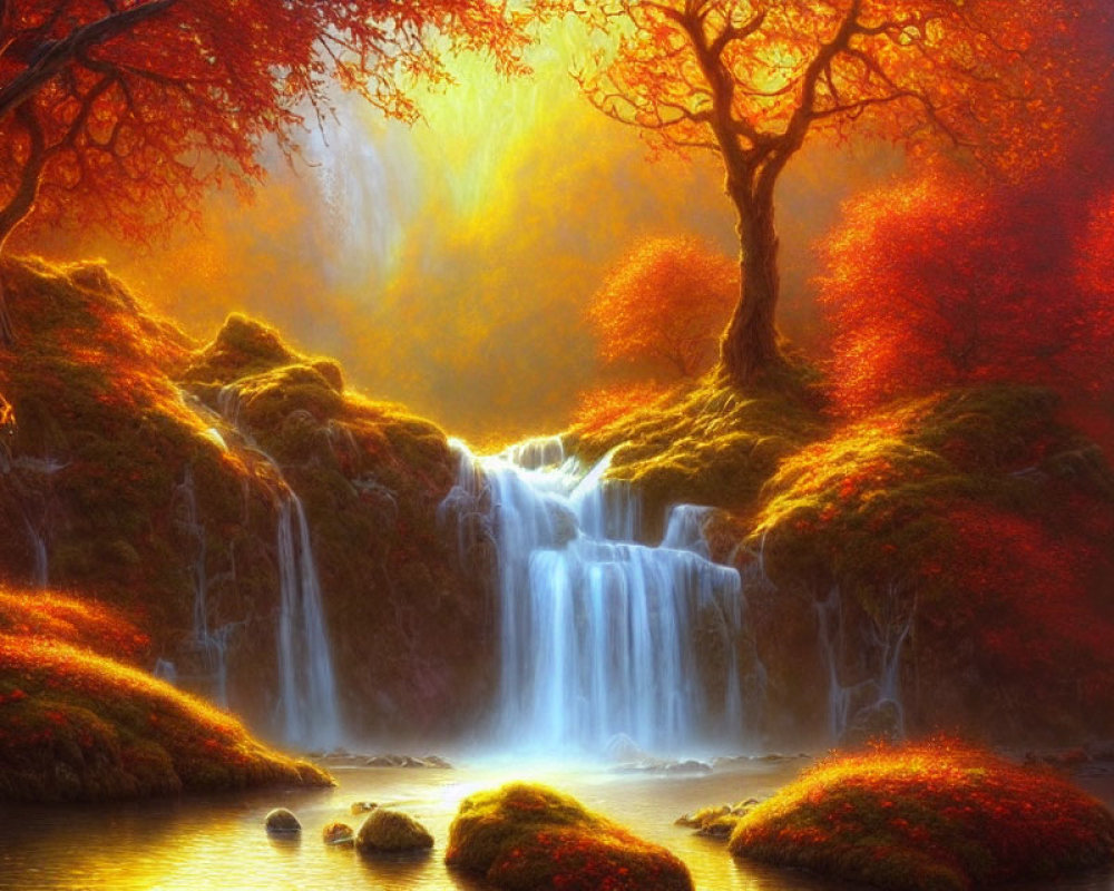 Tranquil waterfall in autumn forest with red foliage