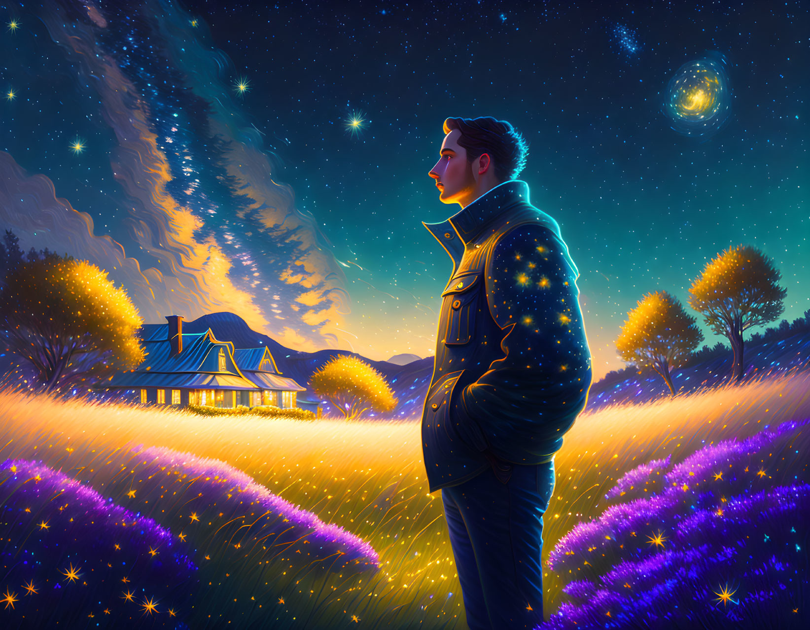 Man gazes at starlit field with comet above, cozy house in background