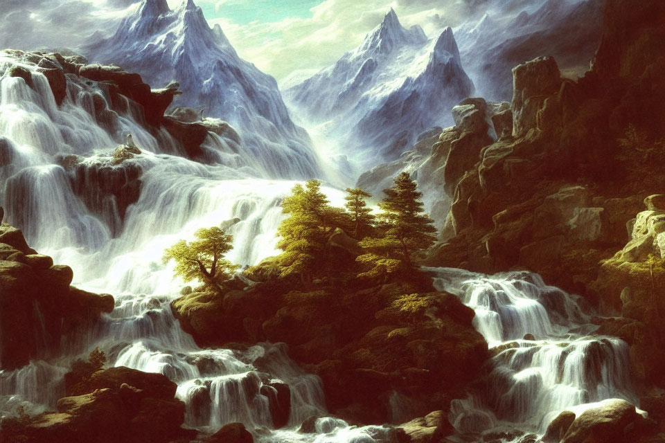 Scenic landscape with waterfalls, greenery, and snowy mountains