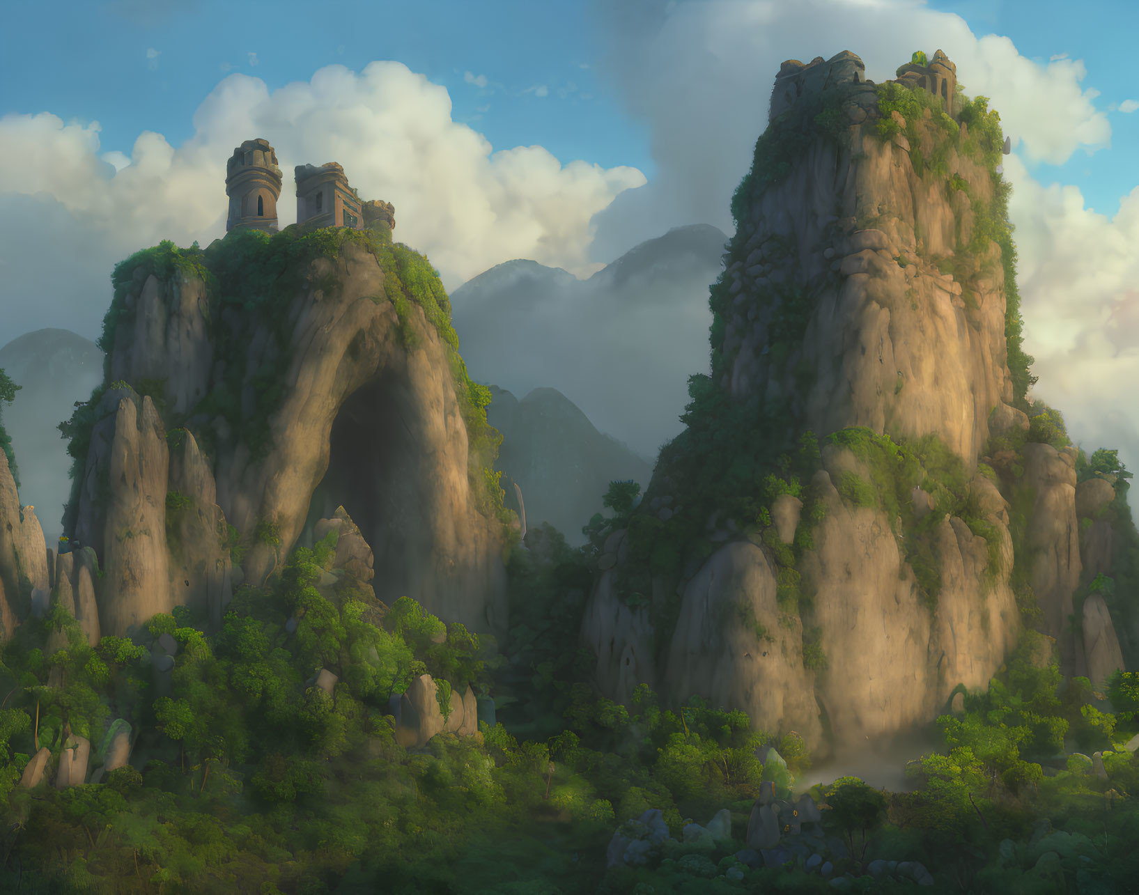 Misty valley with twin peaks and ancient ruins under soft sunlight