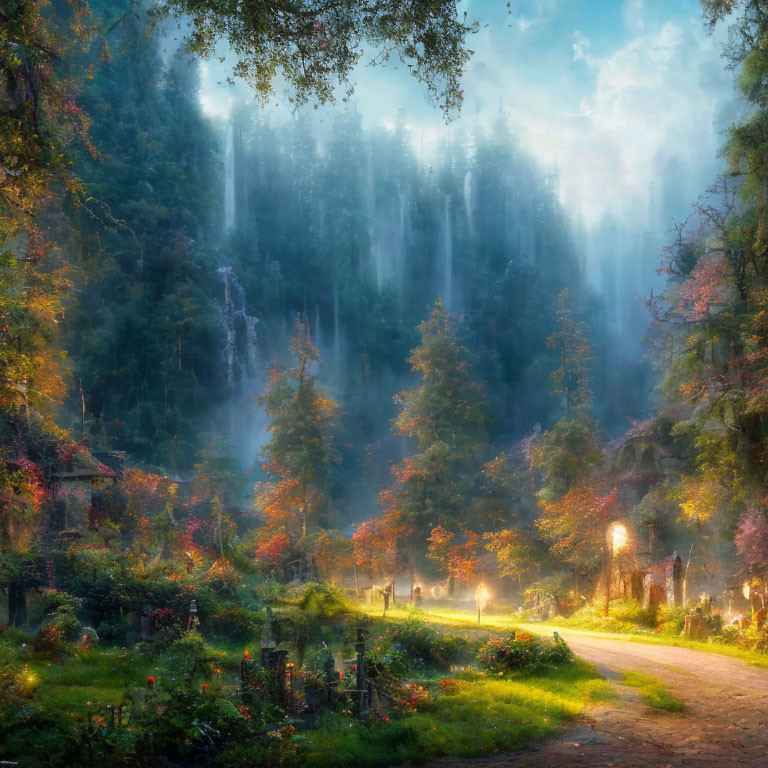 Enchanting forest path with street lamps, cozy houses, towering trees, and sunrays.