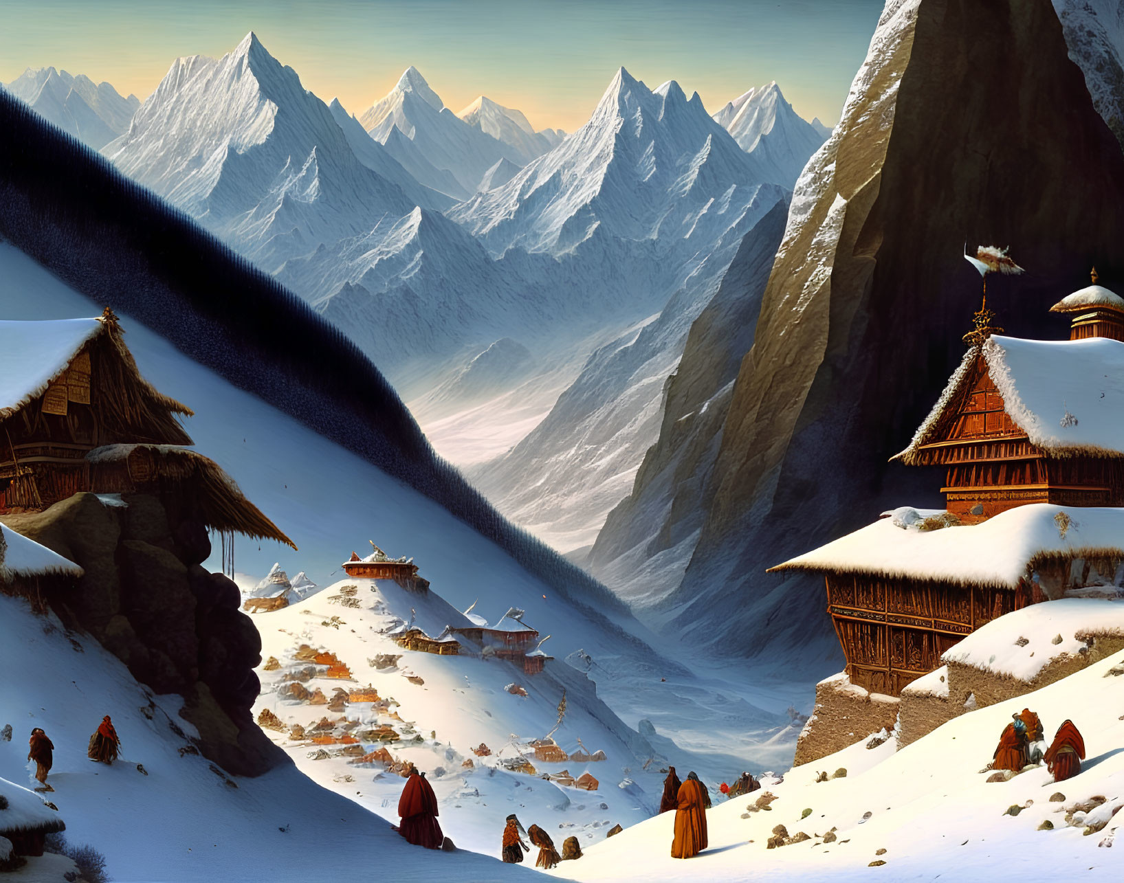 Snow-covered mountain village with wooden huts and colorful attire in frosty setting
