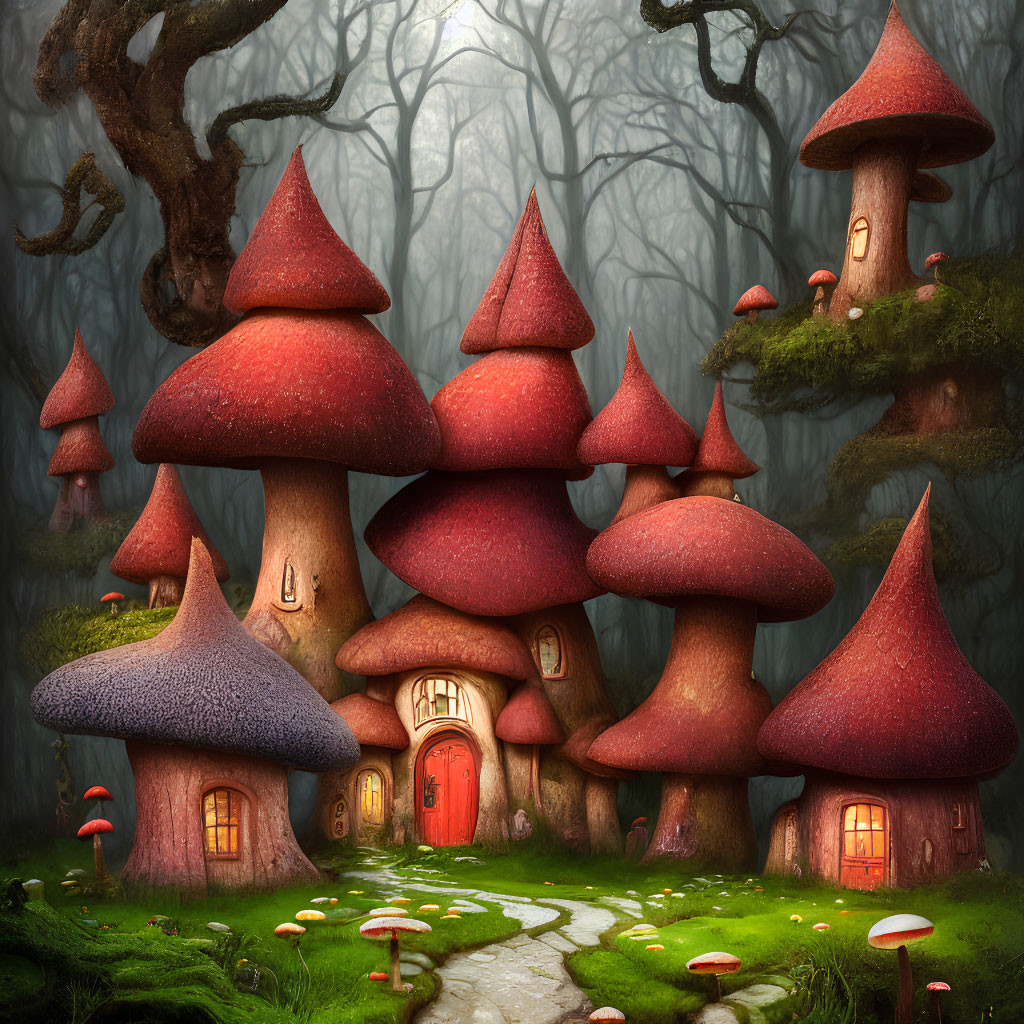 Enchanted forest with fantasy mushroom houses