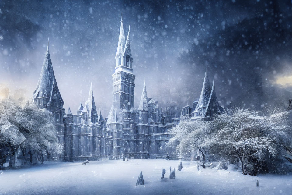 Snowy landscape with magical castle and falling snowflakes