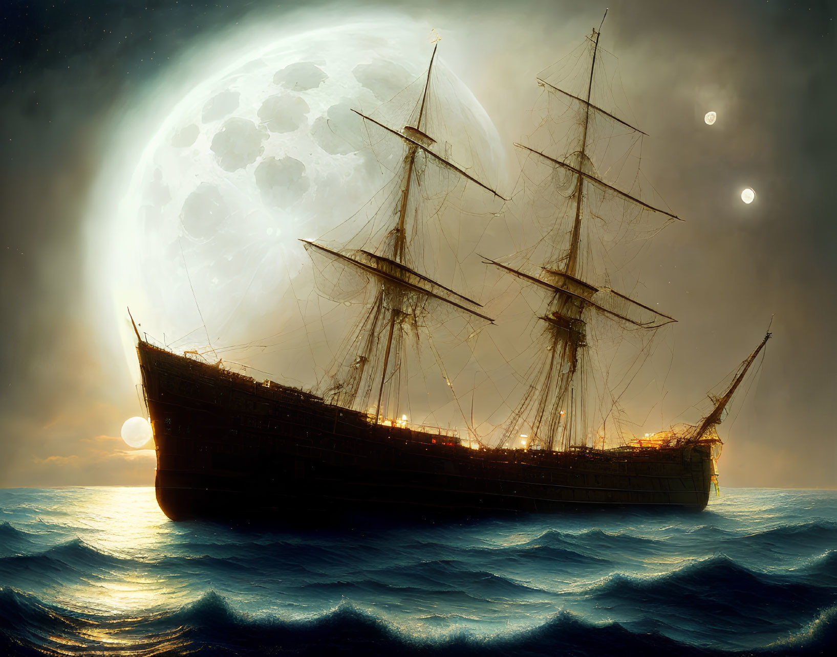 Sailing ship at sea under night sky with moon, stars, and sunset hint