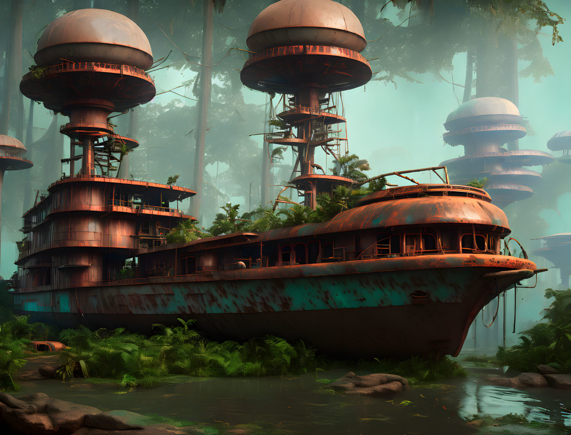 Rusted ship transformed into spherical building in misty forest