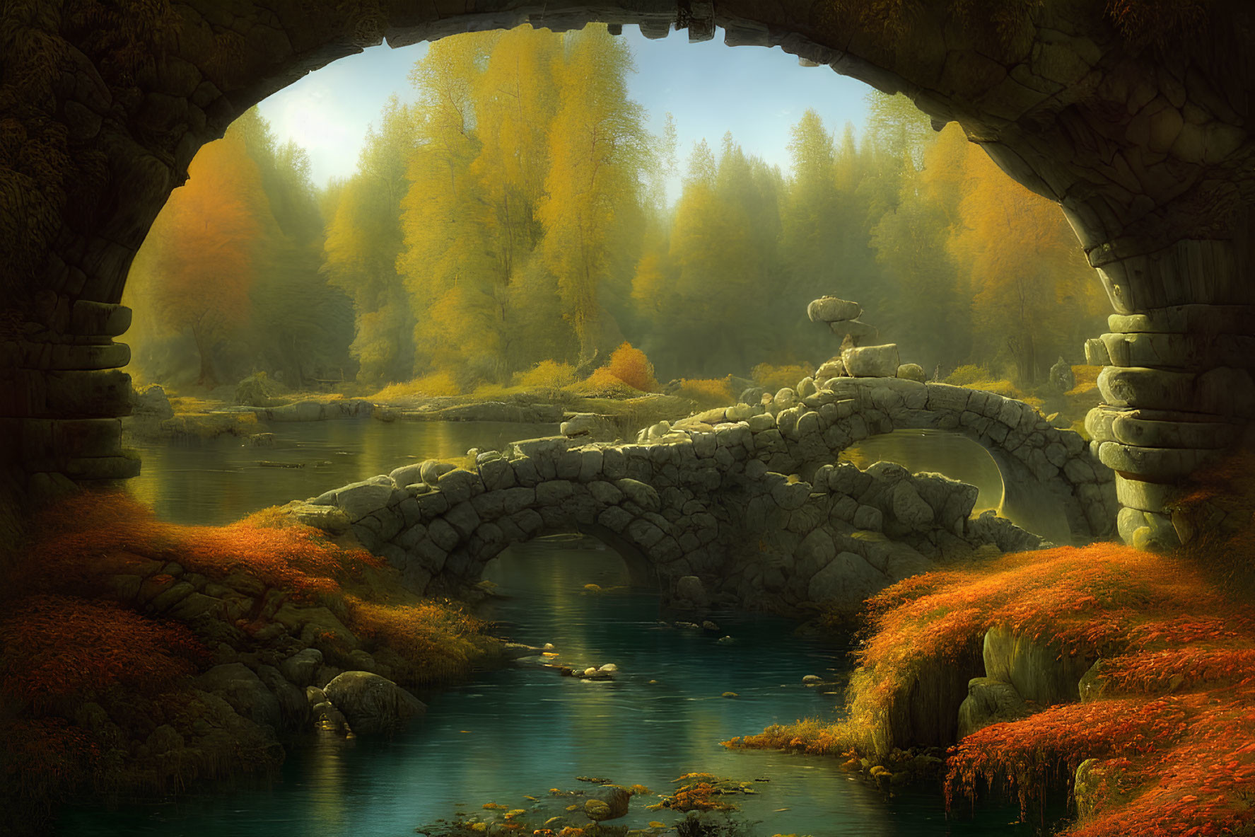 Ancient Stone Arch Bridge Over Serene River in Autumn Setting