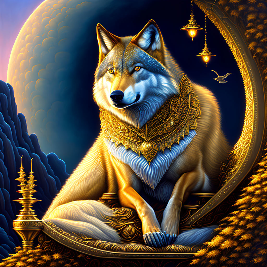 Majestic wolf with golden jewelry in mystical setting