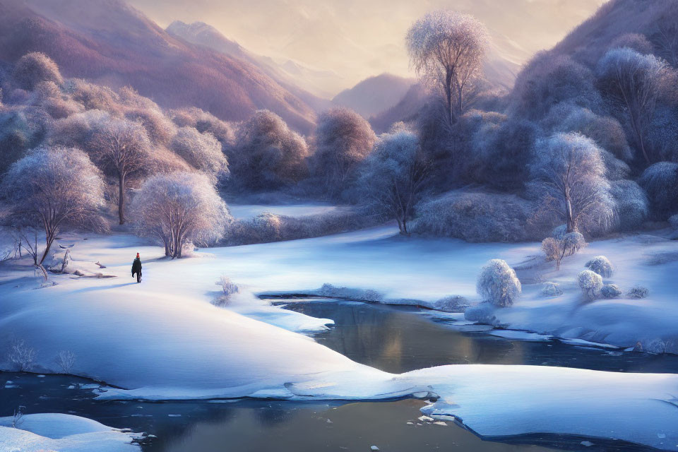 Tranquil winter landscape with frozen river and snow-covered trees