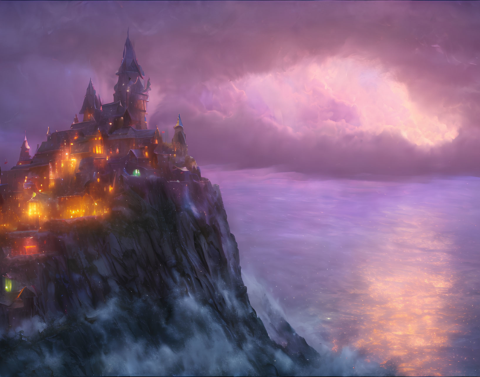 Illuminated castle on cliff above sea under purple and pink sky