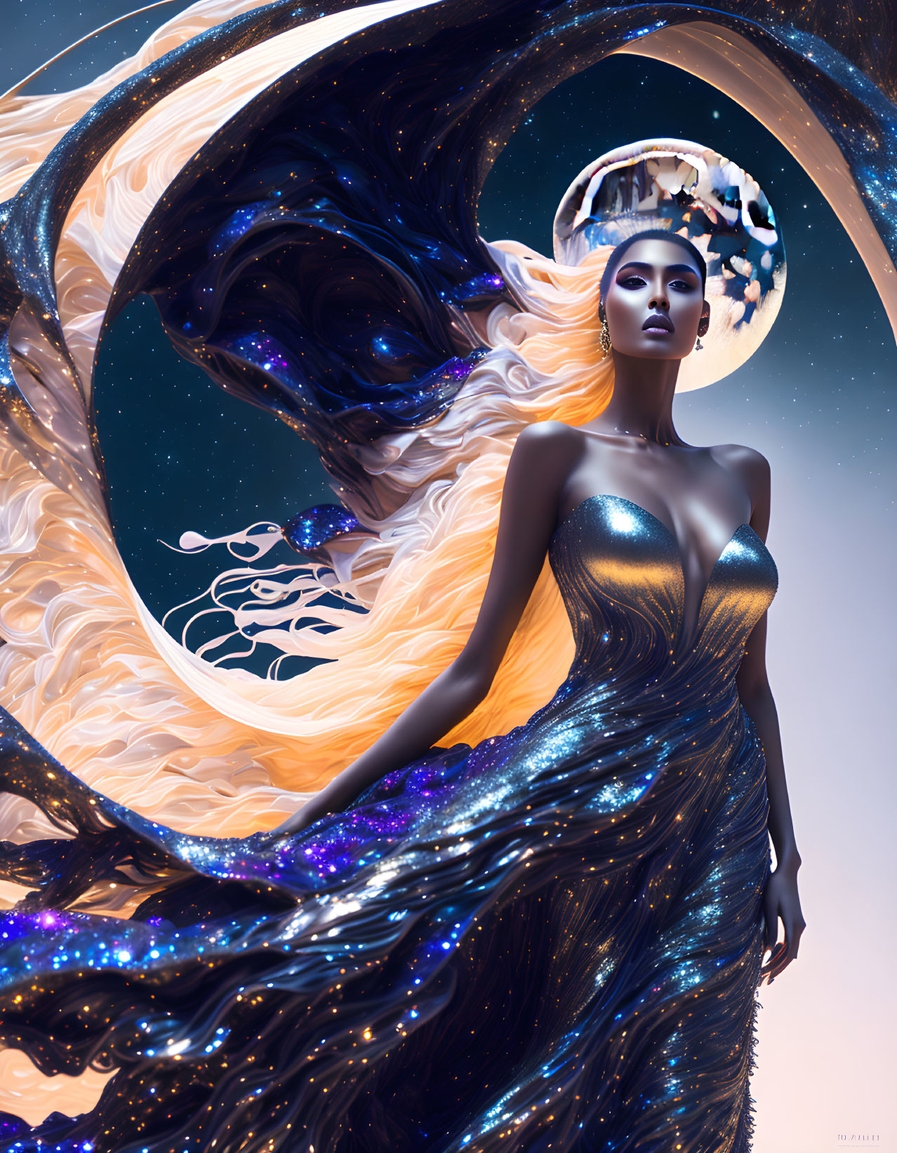 Woman in Sparkling Blue Dress Against Surreal Cosmic Background