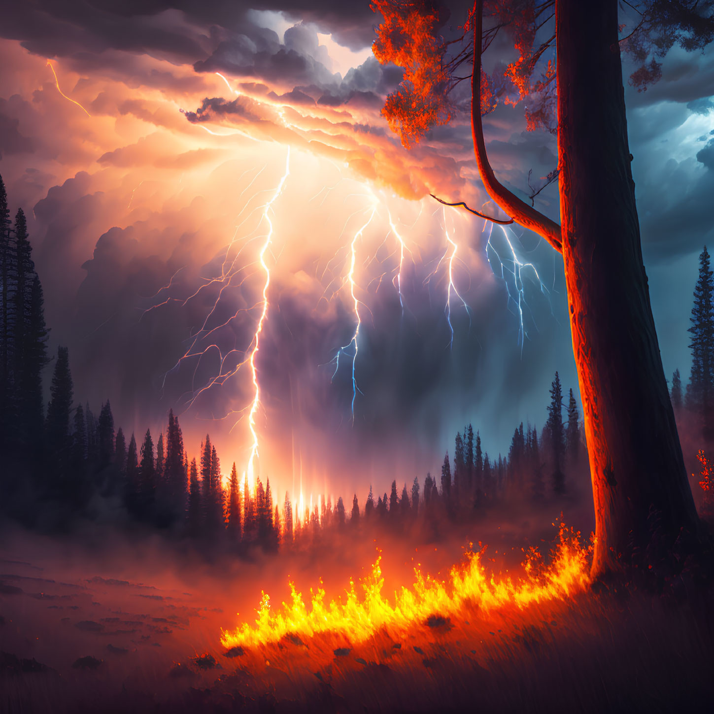 Stormy sky, fiery forest, lightning, large tree, blazing wildfire