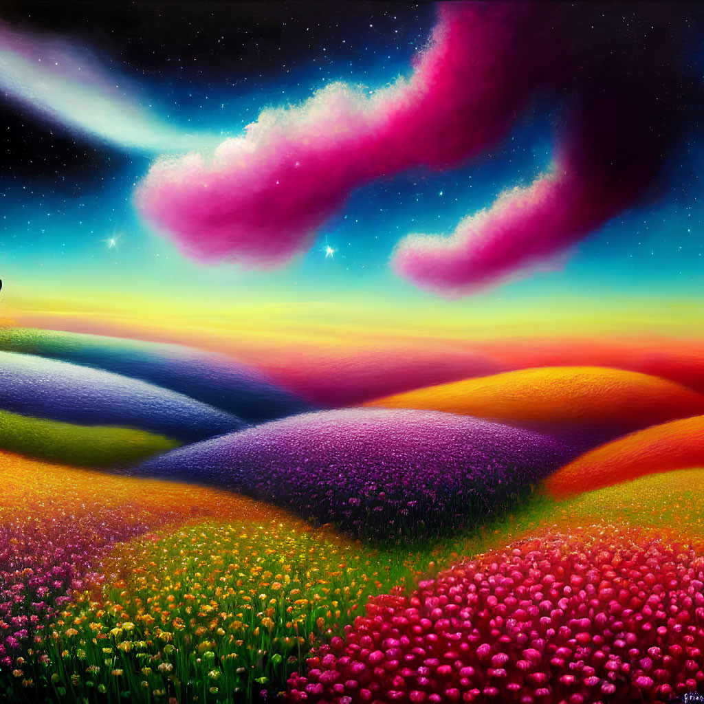 Colorful Rolling Hills of Flowers Under Starry Sky with Pink and Purple Nebula