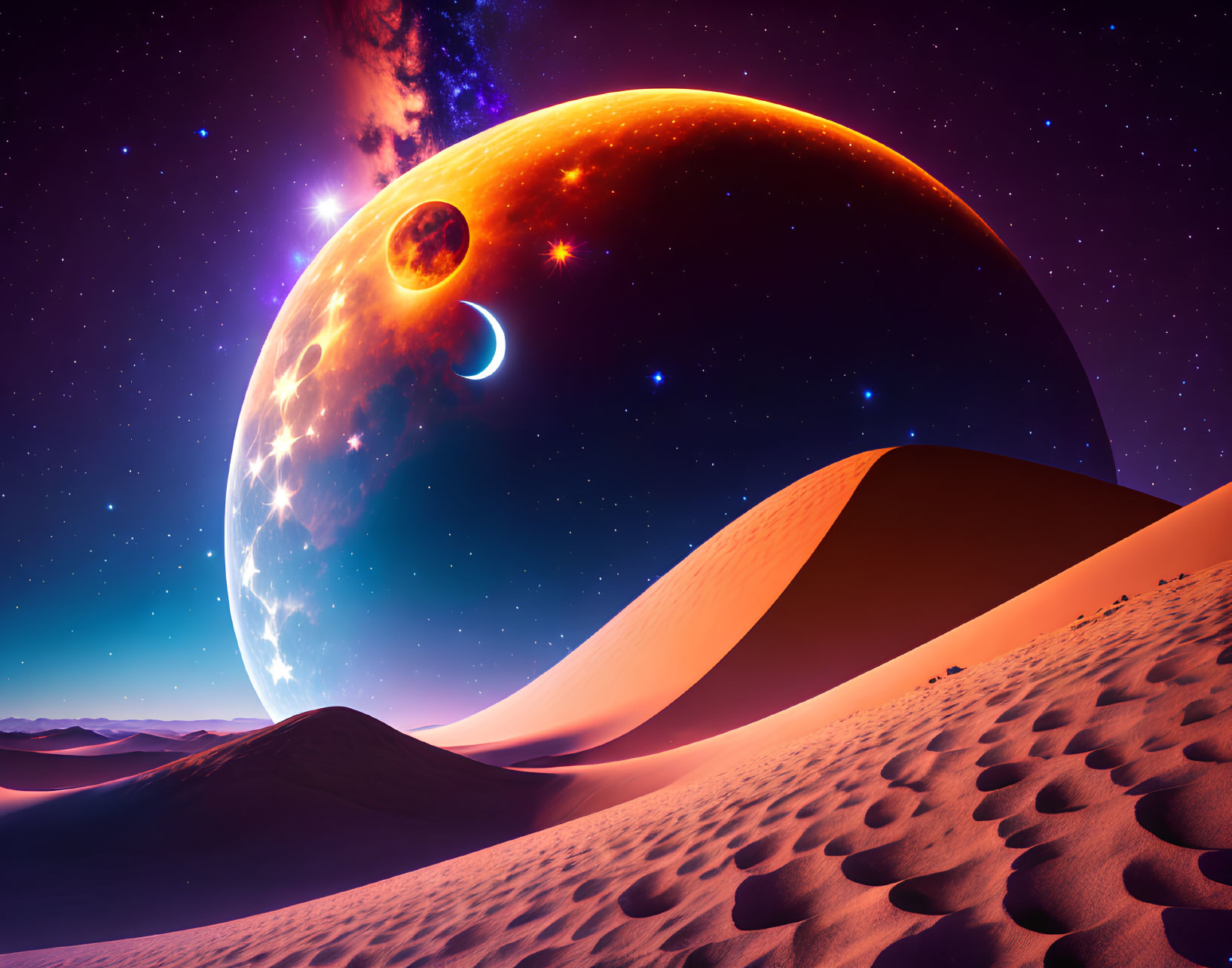 Vividly Colored Planet Rising Over Desert Landscape