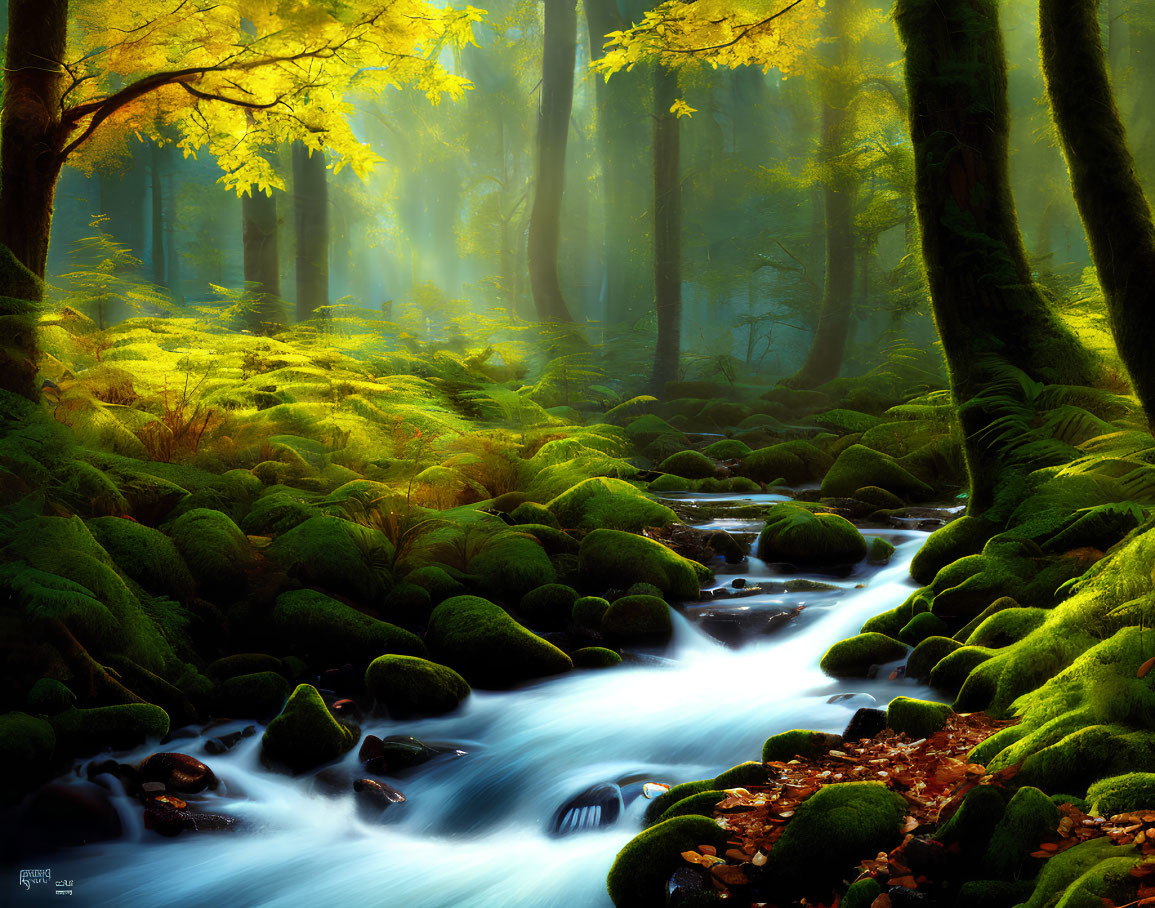 Tranquil stream in lush green forest with sunlight filtering through