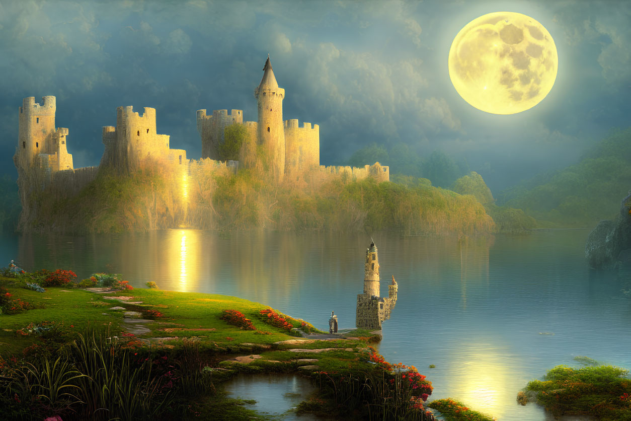 Moonlit castle by lake with figure and statue at dusk